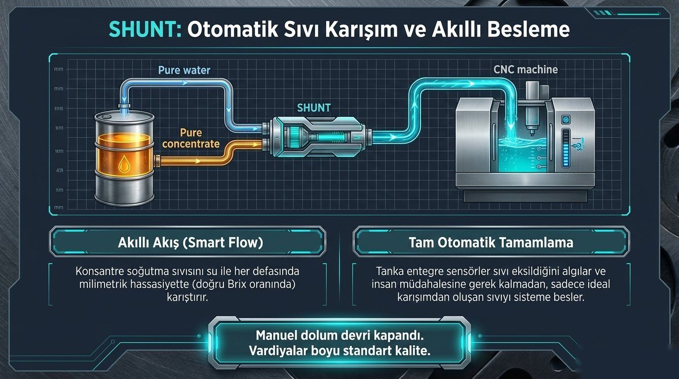 SHUNT akış diyagramı — saf su + konsantre + Brix sensörü → CNC tezgahına otomatik besleme